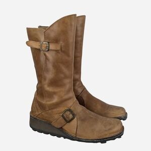 Fly London Mes 210315 Camel Leather Mid Calf Buckle Boot EU 41 / US 10-10.5